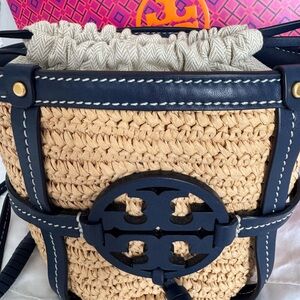 Tory Burch Navy and Tan Woven Bucket Bag
